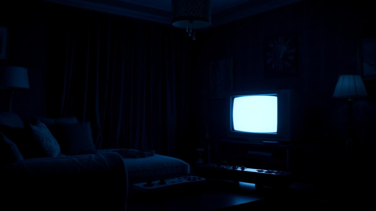 Sala aconchegante à noite com videogames retrô e controles clássicos ligados na TV